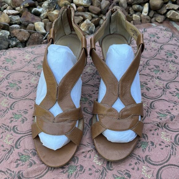 Nine West Sandals Women's 9M Wedge Zip Brown Leather Strappy - Picture 2 of 7
